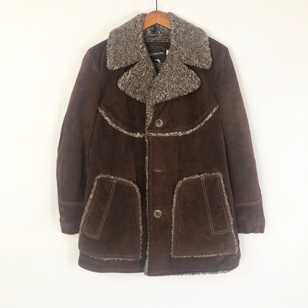 Vintage JCPenny Genuine Cowhide Suede Sherpa Jacket Size 38 Brown Split Leather